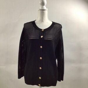 St. John Knit Black Mesh-Detail Cardigan - Open Front
